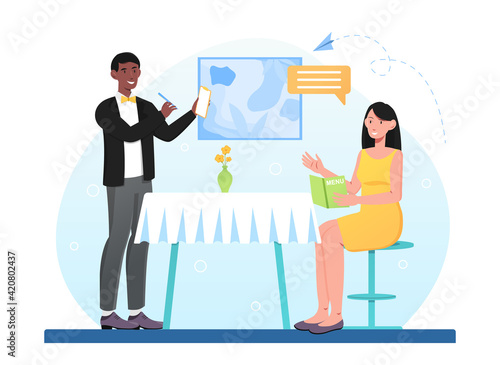 Female characters is making order with waiter in restaurant
