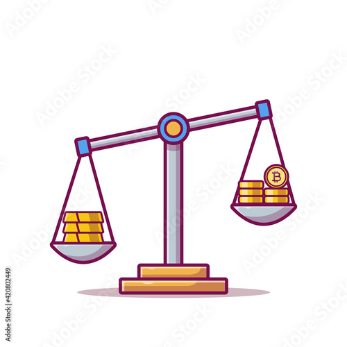 Bitcoin and gold on scale vector icon illustration flat style on white background for web, landing page, banner, sticker, ads, advertisement, flier