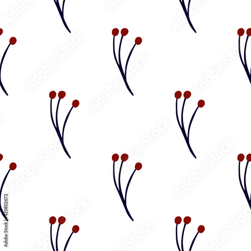Fototapeta Naklejka Na Ścianę i Meble -  Isolated seamless pattern with minimalistic red berry branches doodle print. White background.