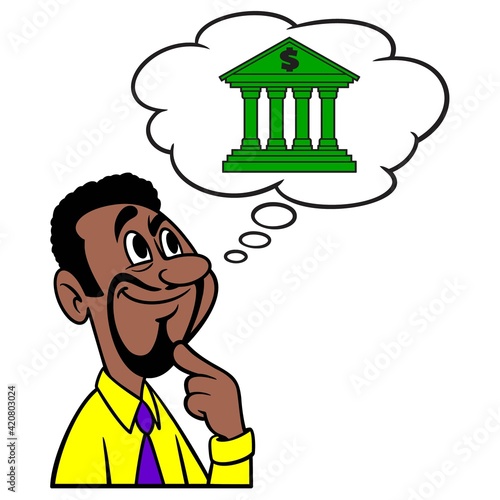 Man thinking about a Bank - A cartoon illustration of a man thinking about finding a new Bank.