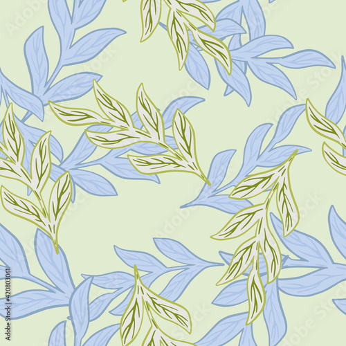Pastel tones seamless pattern with blue and green random branches elements. Light grey background.