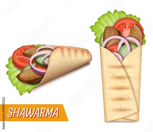 Shawarma set, vector illustration. Turkish takeaway fast food. Realistic pita bread roll with chicken, beef meat, salad.