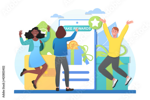 Male and female characters are celebrating online reward together