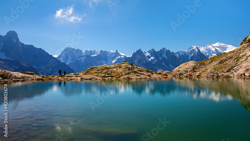 Obraz na płótnie Sunrise panorama of the Lac Blanc lake with Mont Blanc (Monte Bianco) on background, Chamonix location. Beautiful outdoor scene in Vallon de Berard Nature Reserve, France w salonie