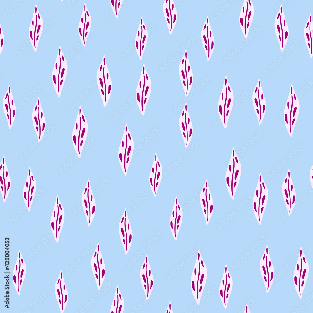 Abstract flora seamless pattern with pink doodle leaves silhouettes. Blu pastel background. Simple style. Abstract flora seamless pattern with pink doodle leaves silhouettes. Blu pastel background. Simple style.