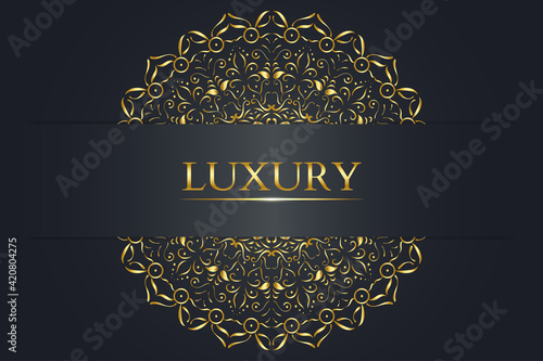 Modern abstract background with gold mandala, black background and papper cut space text.