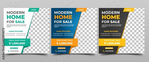 Social media post template Home sale. White, blue, and black background color banner design template. Vector design with place for the photo. Suitable for social media, flyers, and web internet ads.