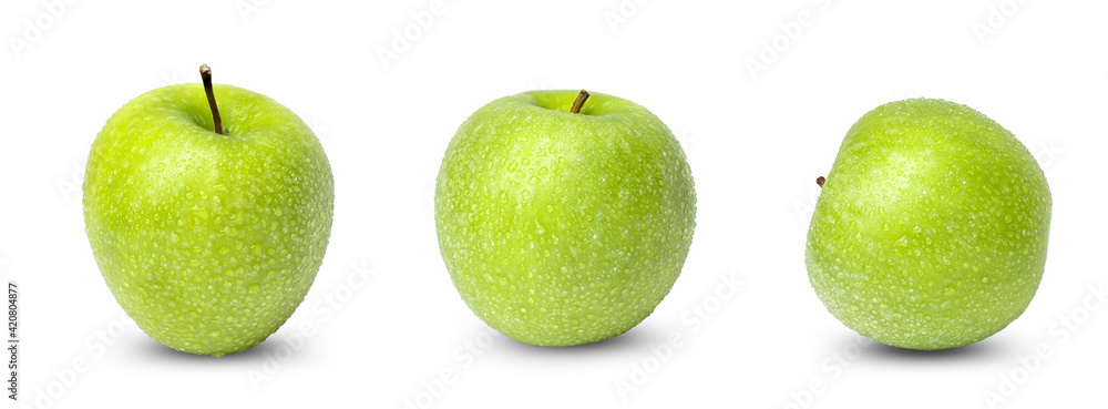 Collection of fresh green apple with water drops isolated on white background Collection of fresh green apple with water drops isolated on white background