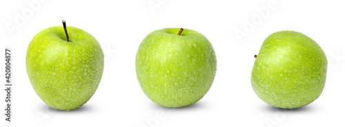 Collection of fresh green apple with water drops isolated on white background