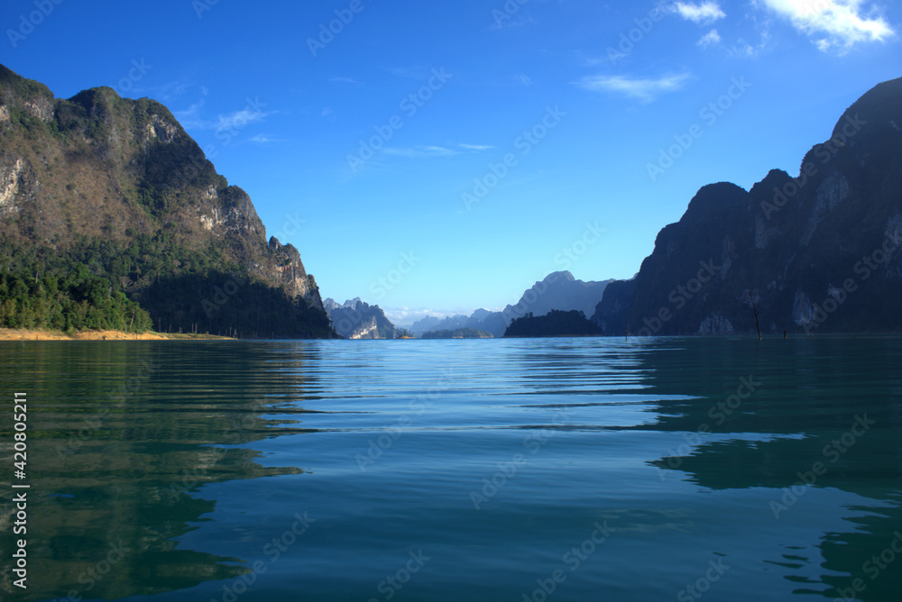 Cheow Lan Lake and Both of Mountains in Khao Sok National Park in Surat Thani Province, Southern Thailand