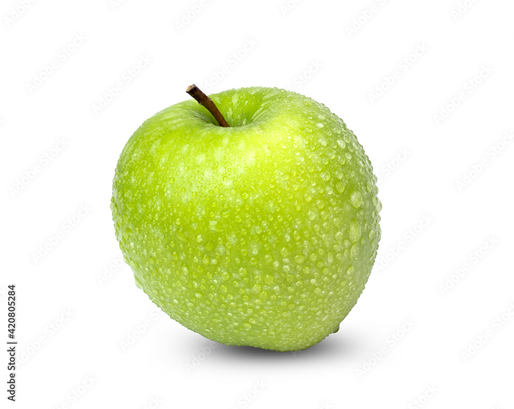Fresh green apple with water drops isolated on white background Fresh green apple with water drops isolated on white background