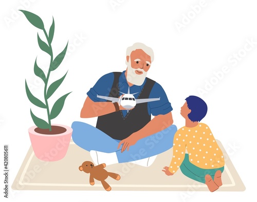 Happy grandfather and grandson playing toy game together, flat vector illustration. Grandparent grandchild relationships