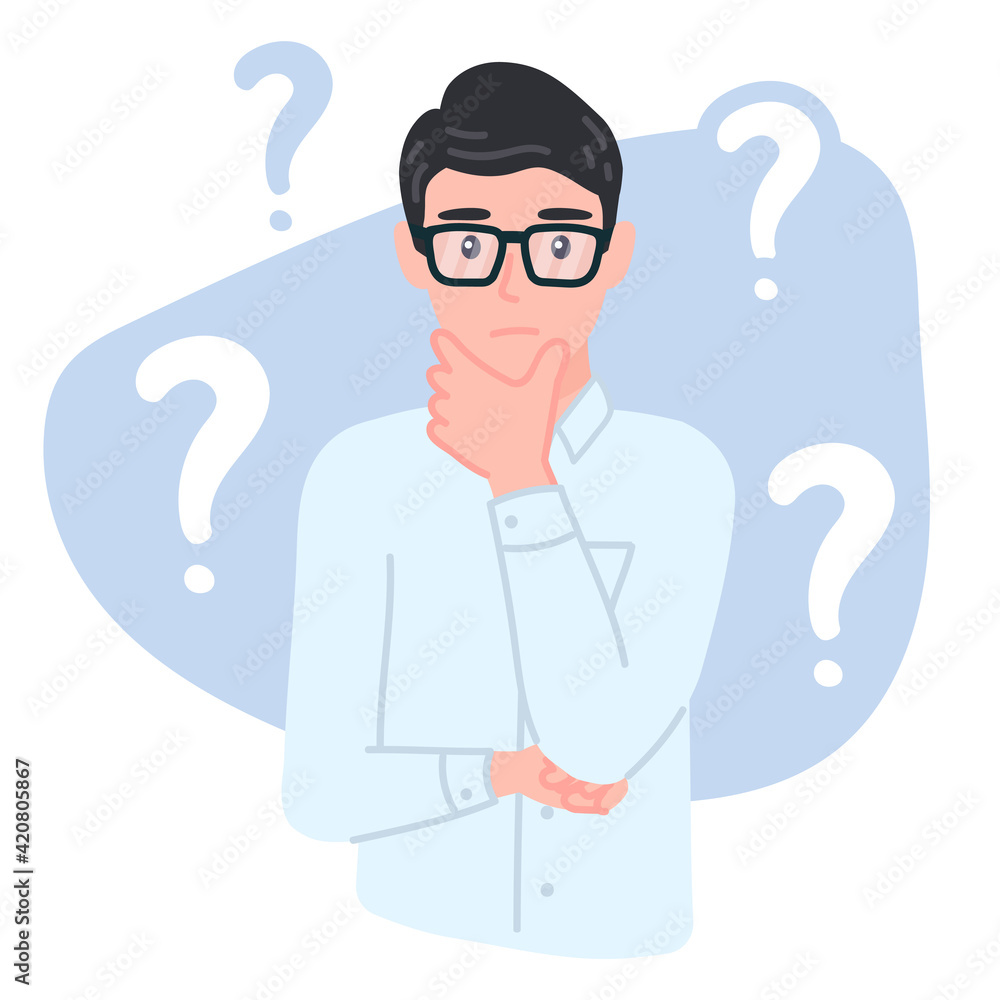 Confused businessman is thinking with crossed arm. Question mark. Musing employee. Office worker Confused businessman is thinking with crossed arm. Question mark. Musing employee. Office worker