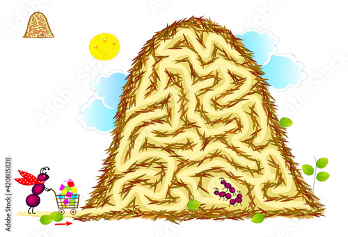 Logic puzzle game with labyrinth for children and adults. Help the ant deliver gifts to its kids in the anthill. Worksheet for kids brain teaser book. IQ test. Play online. Vector illustration.