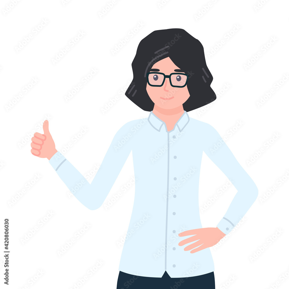Businesswoman showing thumbs up sign. Office employee like, cool gesturing Businesswoman showing thumbs up sign. Office employee like, cool gesturing