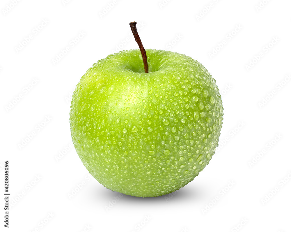 Fresh green apple with water drops isolated on white background Fresh green apple with water drops isolated on white background