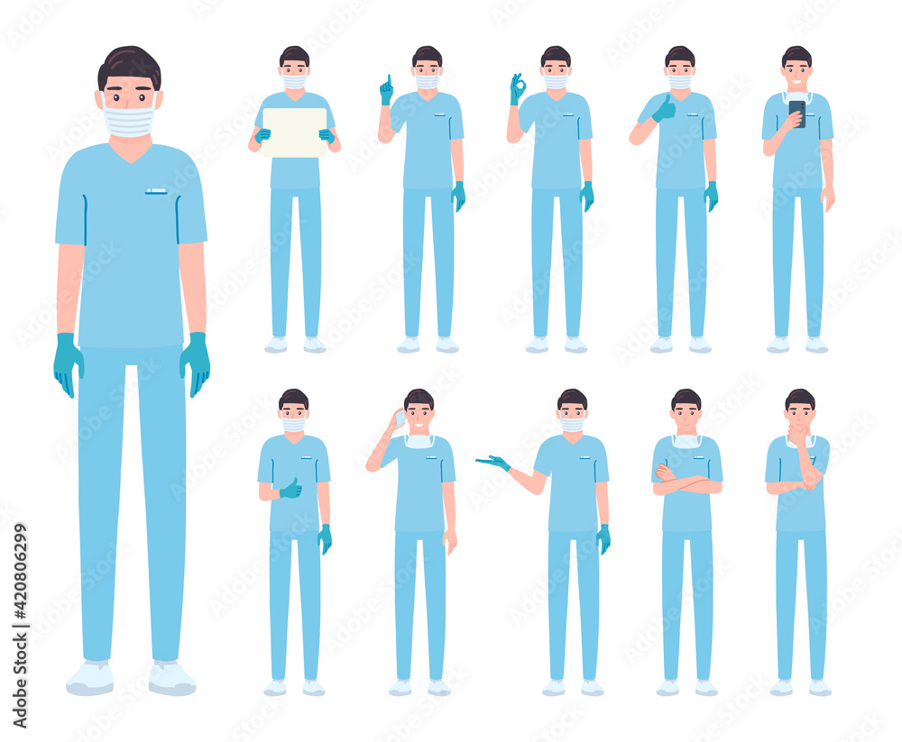 Surgeon in different poses set. Male Doctor, professional medical character gestures, emotions