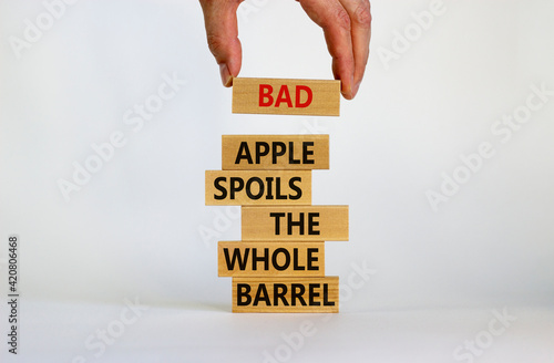 Bad apple spoils the whole barrel symbol. Wooden blocks with words 'bad apple spoils the whole barrel'. Businessman hand. Beautiful white background. Business, popular quotation concept. Copy space.