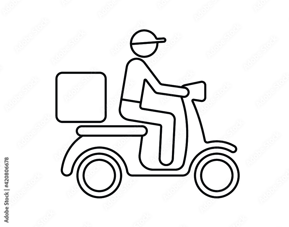 Shipping delivery man riding motorcycle icon symbol, Pictogram thin line design for apps and websites, Isolated on white background, Vector illustration