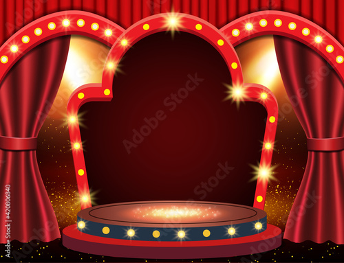 Background with red theatre curtain, retro arch banner and podium