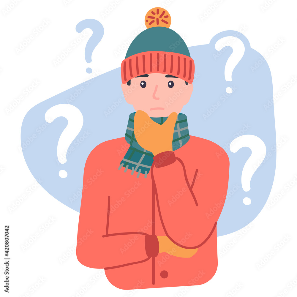 Thinking young man character wearing winter clothes with a curious expression. Pensive male Thinking young man character wearing winter clothes with a curious expression. Pensive male