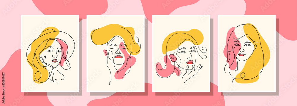 Set of modern abstract faces. Contemporary female silhouettes with surreal face style. Trendy portraits poster collection. vector eps10