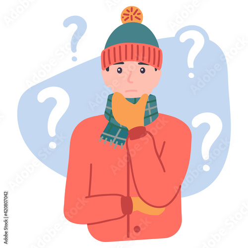 Thinking young man character wearing winter clothes with a curious expression. Pensive male