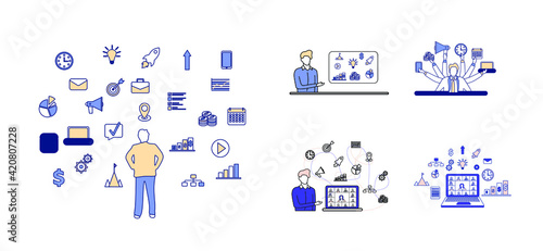 Set of business concepts and videoconferencing illustrations. Business icon set. Leader and businessman concept. Remote work and remote video communication with colleagues. Vector flat illustration