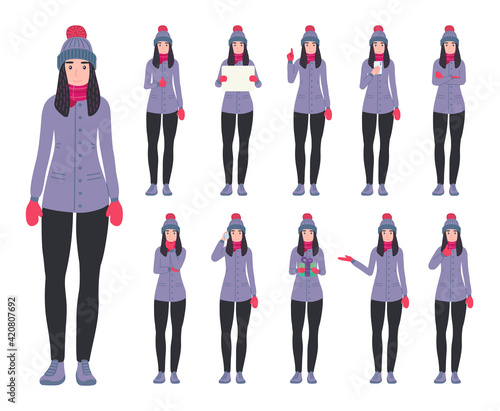 Young woman wearing winter clothes in different poses set. Casual outfit female character gestures