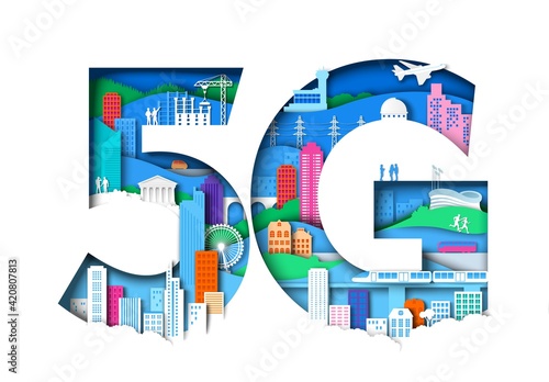 5G symbol with city elements. Vector illustration in paper art style. 5th generation of mobile internet connection.