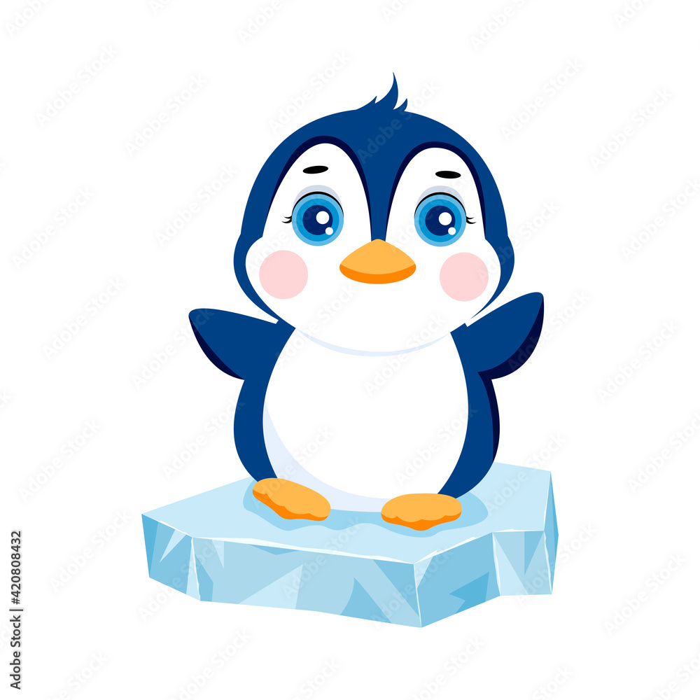 Obraz premium Cute penguin on an ice floe. Penguin icon or mascot vector illustration