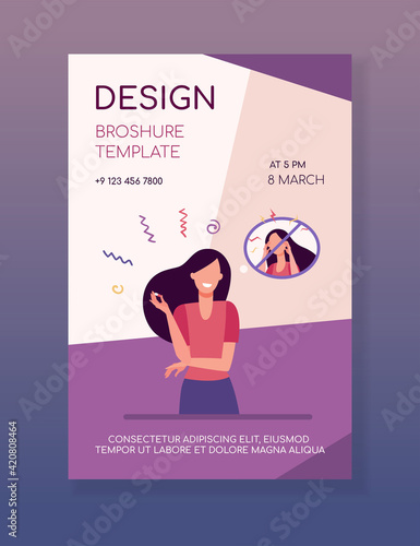 Woman taking antidepressant meds. Happy person with pill from anxious state. Flat vector illustration. Depression, mental disorder, treatment concept for banner, website design or landing web page