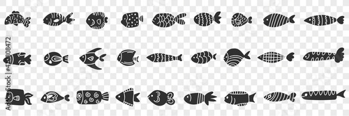 Fishes of various patterns doodle set. Collection of hand drawn various fishes of different patterns and shapes swimming in sea isolated on transparent background