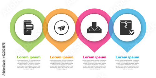 Set Chat messages notification on phone, Paper plane, Download inbox and Envelope and check mark. Business infographic template. Vector