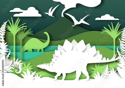 Paper cut dino silhouettes and nature landscape  vector illustration. Dinosaur  reptile wild animal. Archeology  history