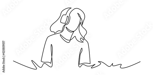 Continuous one line drawing of Young woman listens to music. DJ girl with earphones. Lifestyle teeanager clipart. Spending free time, rest. Leisure activity.
