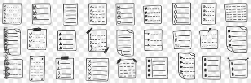 Fulfilled controlling checklists doodle set. Collection of hand drawn checklists with done or undone tasks and aims planning organiser isolated on transparent background