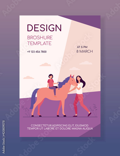 Little kid riding horse. Woman petting animal. Flat vector illustration. Family, outdoor activity, lifestyle, pet concept for banner, website design or landing web page