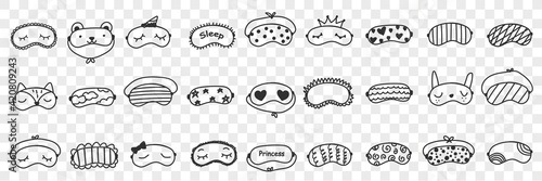 Masks for sleeping doodle set. Collection of hand drawn elegant masks on eyes for comfortable sleeping personal accessories isolated on transparent background
