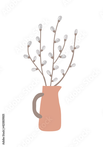 Cute hand draw gray white pussy willow twigs in ceramic vase isolated on white background, EPS 10 vector design element for easter and spring greeting card