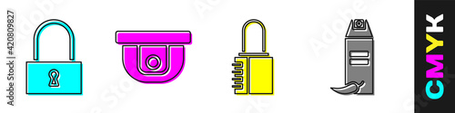 Set Lock, Motion sensor, Safe combination lock and Pepper spray icon. Vector