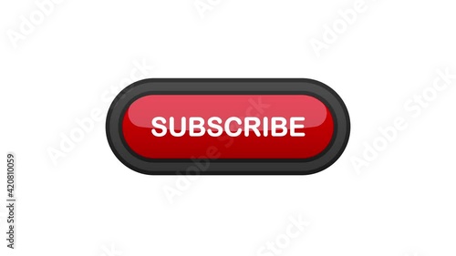 Subscribe blue realistic 3D button isolated on white background. Hand clicked. Motion graphic.