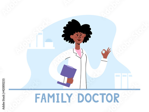 Vector illustration of family doctor showing ok on interior background