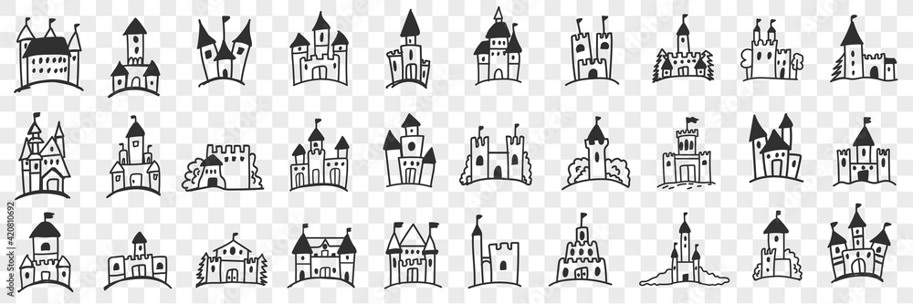 Castles facades with towers doodle set. Collection of hand drawn various facades of castles with towers and window for royal family accommodation isolated on transparent background