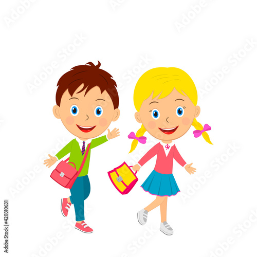 cute cartoon boy and girl go with  bags