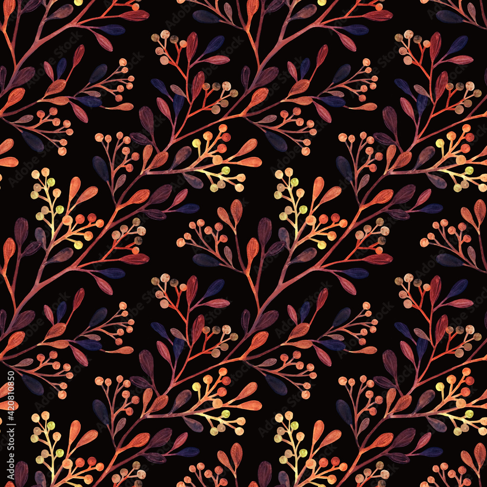 Hand-drawn abstract botanical pattern of twigs and berries on a white background Hand-drawn abstract botanical pattern of twigs and berries on a white background