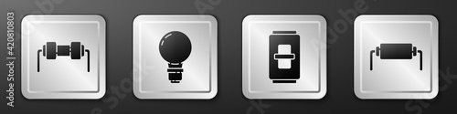 Set Resistor electricity, Light bulb with concept of idea, Electric light switch and Resistor electricity icon. Silver square button. Vector