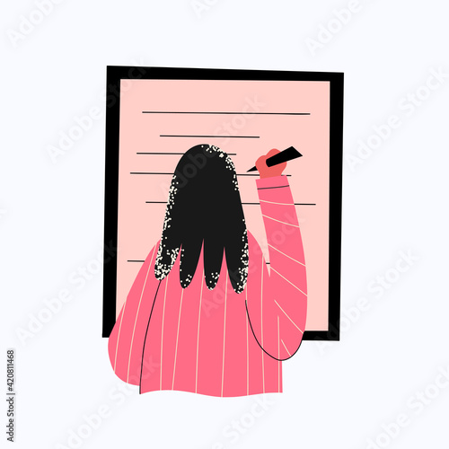 business woman writes on a blackboard - view from the back.The woman speaks publicly and explains.The teacher writes down the findings. The student answers at the blackboard.Marketing presentation.