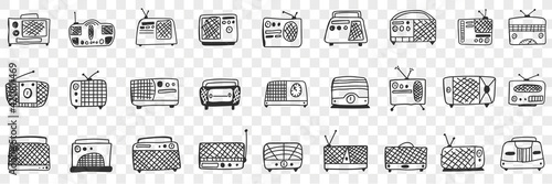 Vintage retro Radio tape recorder doodle set. Collection of hand drawn retro styled radio and tape recorders with antennas for listening to music isolated on transparent background