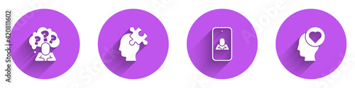 Set Head with question mark, Solution to the problem, Psychologist online and Broken heart or divorce icon with long shadow. Vector